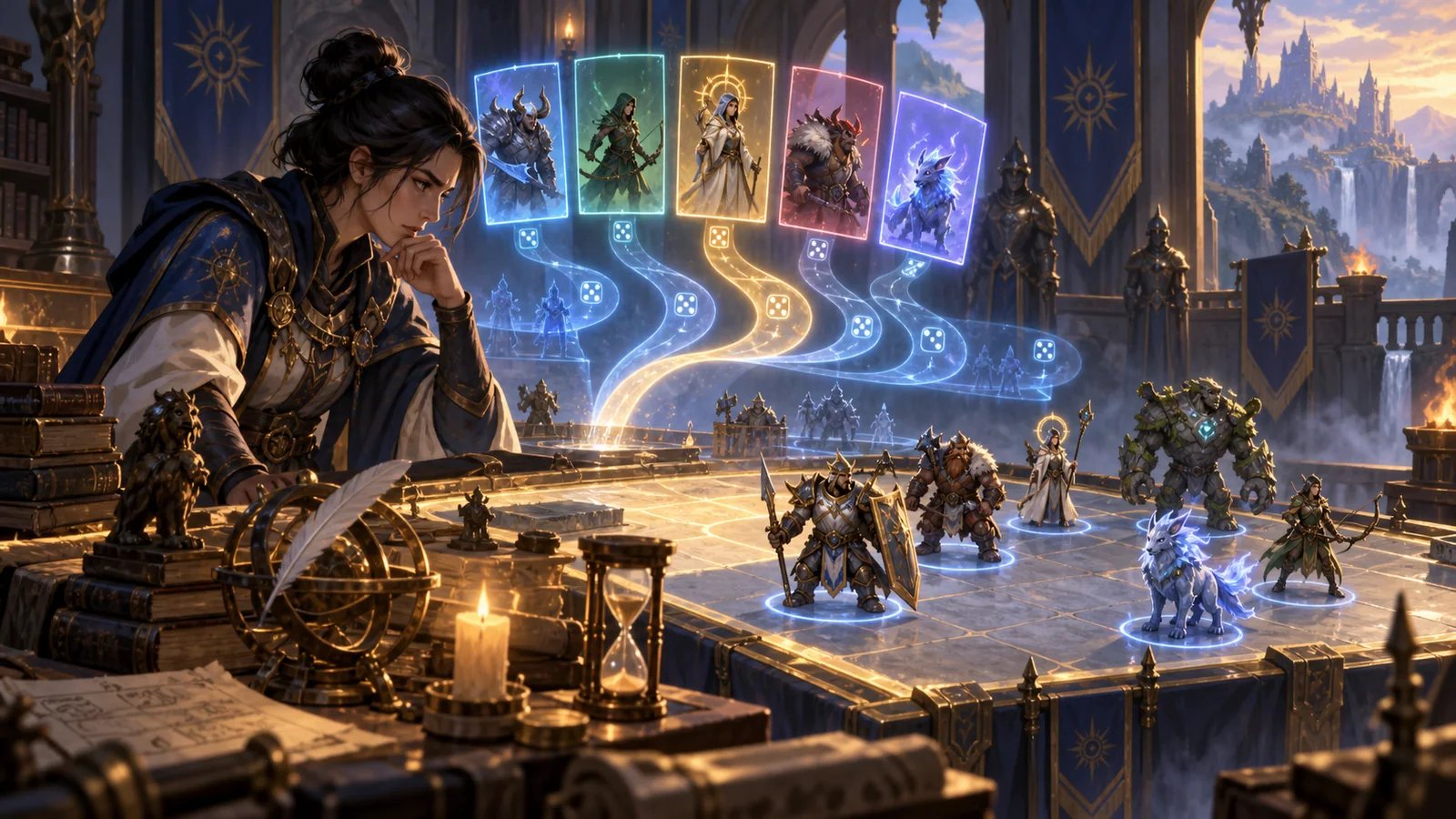 A tactician studies branching unit-draw possibilities above a deliberate formation
