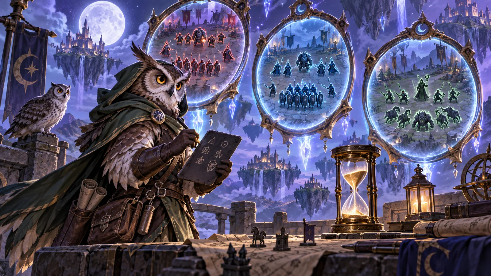 An owl ranger checks rival formations through timed scrying mirrors